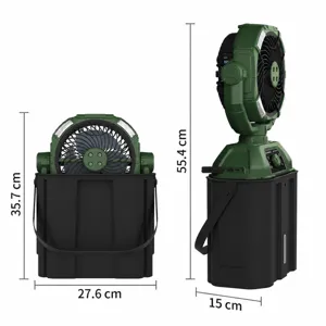 Portable outdoor camping fan with USB charging, oscillating cooling mist, and built-in LED light.