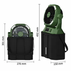 Outdoor camping fan with storage base and LED light, portable USB rechargeable dimension view.