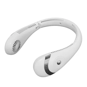 Portable rechargeable foldable neck fan with LED digital display in clean white color.