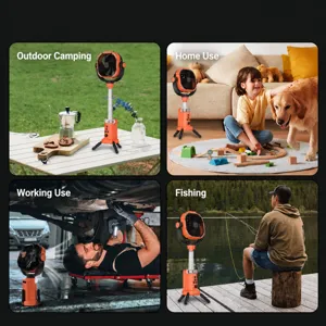 Portable outdoor camping fan with LED light, rechargeable tripod fan for tent, fishing and home.