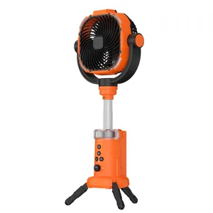 Outdoor camping fan with tripod, LED light, rechargeable lithium battery, portable design.
