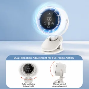 Mini ventilatore da tavolo con clip e display, USB ricaricabile, portatile per ufficio.