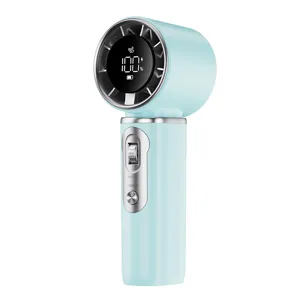 Handheld portable mini fan with digital display and USB rechargeable cooling design.