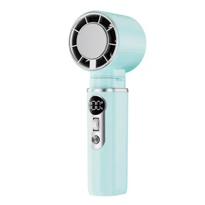 Ventilatore portatile turbo con display digitale, ricaricabile tramite USB, azzurro.