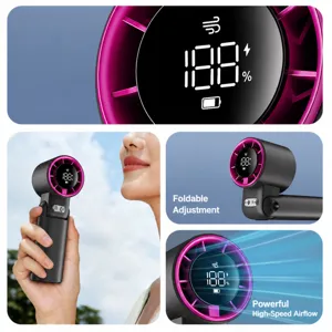 Portable handheld mini fan with digital display, 1-100 speed control, USB rechargeable for travel.