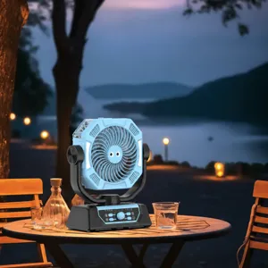 Portable LED camping fan with 3-gear adjustable light, USB rechargeable outdoor cooling desk fan.