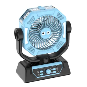 Portable outdoor camping fan with USB rechargeable battery, rotating base and multi-function control.