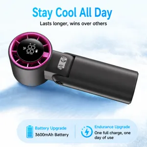 Portable handheld mini fan with digital display and 3600mAh battery for summer cooling.