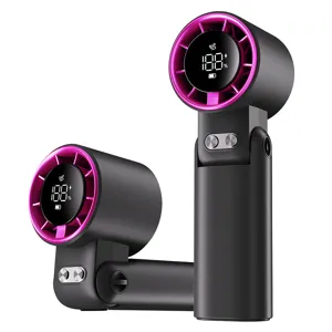 Portable handheld mini fan with USB charging, digital display, and foldable desktop design.