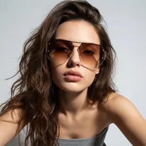 Close-up of Y2K style frameless square sunglasses with gradient brown lenses.