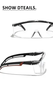 Detailaufnahme der sportlichen schwarzen Sicherheitsbrille mit klaren Gläsern und Gestell