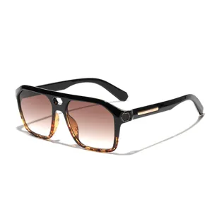 Stylish retro hollow double bridge square sunglasses with brown gradient lenses for men.