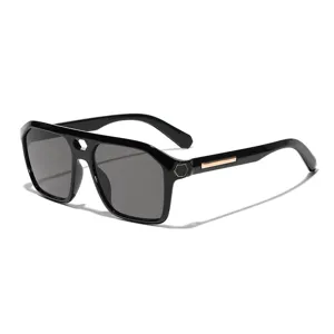 Retro hollow double-bridge square frame sunglasses with black frame and grey lenses