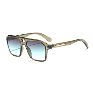 Vintage retro hollow double-bridge square sunglasses with blue gradient lenses for men