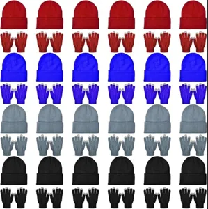 Großpackung Winterstrickmützen und Touchscreen-Handschuhe in vier verschiedenen Unifarben