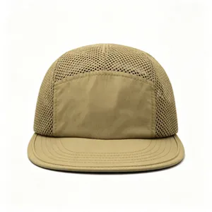 Front view detail of a breathable khaki five-panel mesh cap designed for outdoor sports
