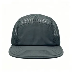 Detail of a dark gray breathable five-panel mesh hat for summer outdoor camping