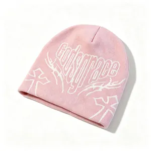 Pink streetwear hip-hop knit beanie with white God's grace jacquard and cross design.