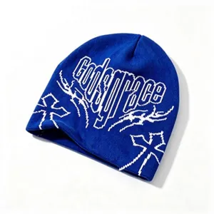 Blue streetwear beanie with white jacquard Godsgrace lettering and cross pattern detail