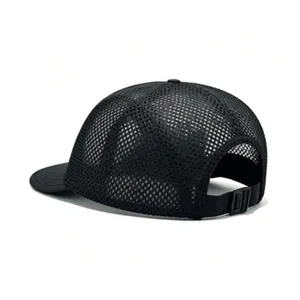 Rear view detail of black breathable mesh baseball cap with adjustable strap buckle.