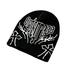 Hip-hop streetwear beanie with knitted jacquard letters and pixelated cross patterns
