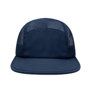 Navy blue 5-panel mesh camp cap with breathable design for summer outdoor sports
