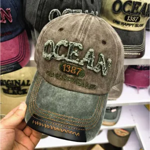 Nahaufnahme einer Vintage-Baseballkappe mit gesticktem Ocean 1387-Schriftzug im Detail