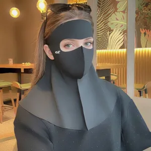 Close-up of a breathable full face sun protection mask with neck cover shown on model