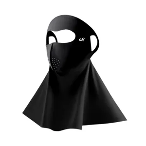Full-face black sun protection mask with breathable mesh and integrated neck cover.