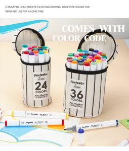 Detalle en primer plano del juego de rotuladores de doble punta con estuche de lona y colores.