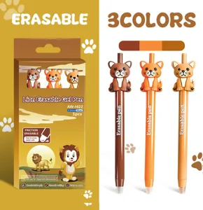 Joli stylo gel effaçable lion mignon, encre bleue 0.5mm, 3 couleurs papeterie animal pour enfants