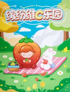 Gedetailleerde illustratie van vitamine C-paradijs aardbeipersonage en konijn