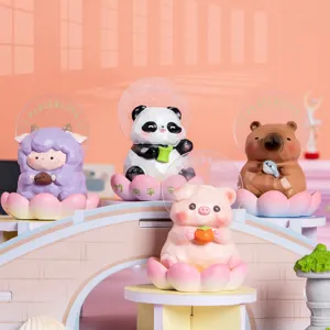 Gros plan détaillé de figurines d'animaux mignons sur des bases de lotus avec halos