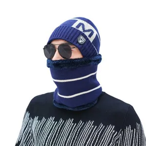 Men's winter navy blue knitted beanie hat and neck warmer set with M-logo design