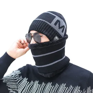 Men's winter knit beanie and neck warmer set with fleece lining and M logo design.