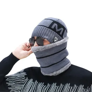 Warm men's winter knitted beanie hat and neck gaiter scarf set with soft fleece lining