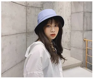 Asian model wearing a stylish light purple wide-brim cotton sun protection bucket hat for summer