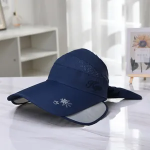 Dunkelblauer Sonnenhut mit breiter Krempe, Blumenstickerei und Schleife für UV-Schutz