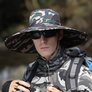 Men Outdoor Sun Hat Camouflage Bucket Hat Wide Brim Fishing Hat Breathable Mesh Hunting Hat Packable Summer Hiking Hat