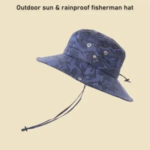 Wasserdichter Fischerhut in blauem Camouflage für Outdoor-Sonnenschutz mit Kinnriemen