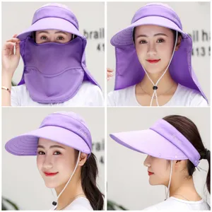 Sombrero de sol morado para mujer con protección UV, ala ancha y máscara desmontable