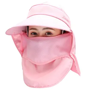 Sombrero de sol rosa para mujer con ala ancha, mascarilla y solapa de protección para el cuello