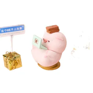 Adorable pink pig blind box figurine sitting on coins for office desktop decoration