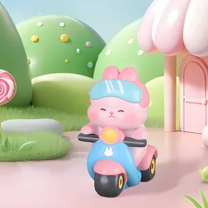 Cute pink Nini Rabbit collectible figurine riding a blue scooter mystery box birthday gift idea