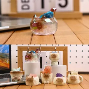 Boîte Mystère Chat en Cristal Kawaii Ornements en Résine Figurines d'Animaux Mignons Avec Pierres Naturelles Décoration de Bureau Créative Cadeaux