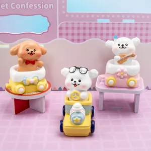 A collection of three cute cartoon dog resin figurines in toy cars on a pastel background