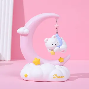 Cute pink moon and sleeping bear vinyl night light bedside lamp for child bedroom