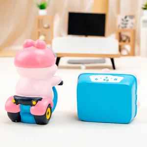 Detailed back view of pink Nini rabbit figurine on a blue tricycle resin toy decor