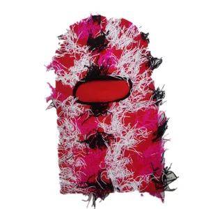 Gestrickte Balaclava-Skimaske mit Fransen-Details in Rot und Rosa für den Winter