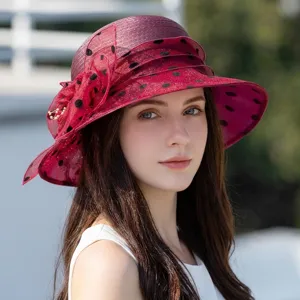 Women Elegant Organza Sun Hat British Style Polka Dot 3D Flower Kentucky Derby Dress Hat Wide Brim Summer Party Church Hat